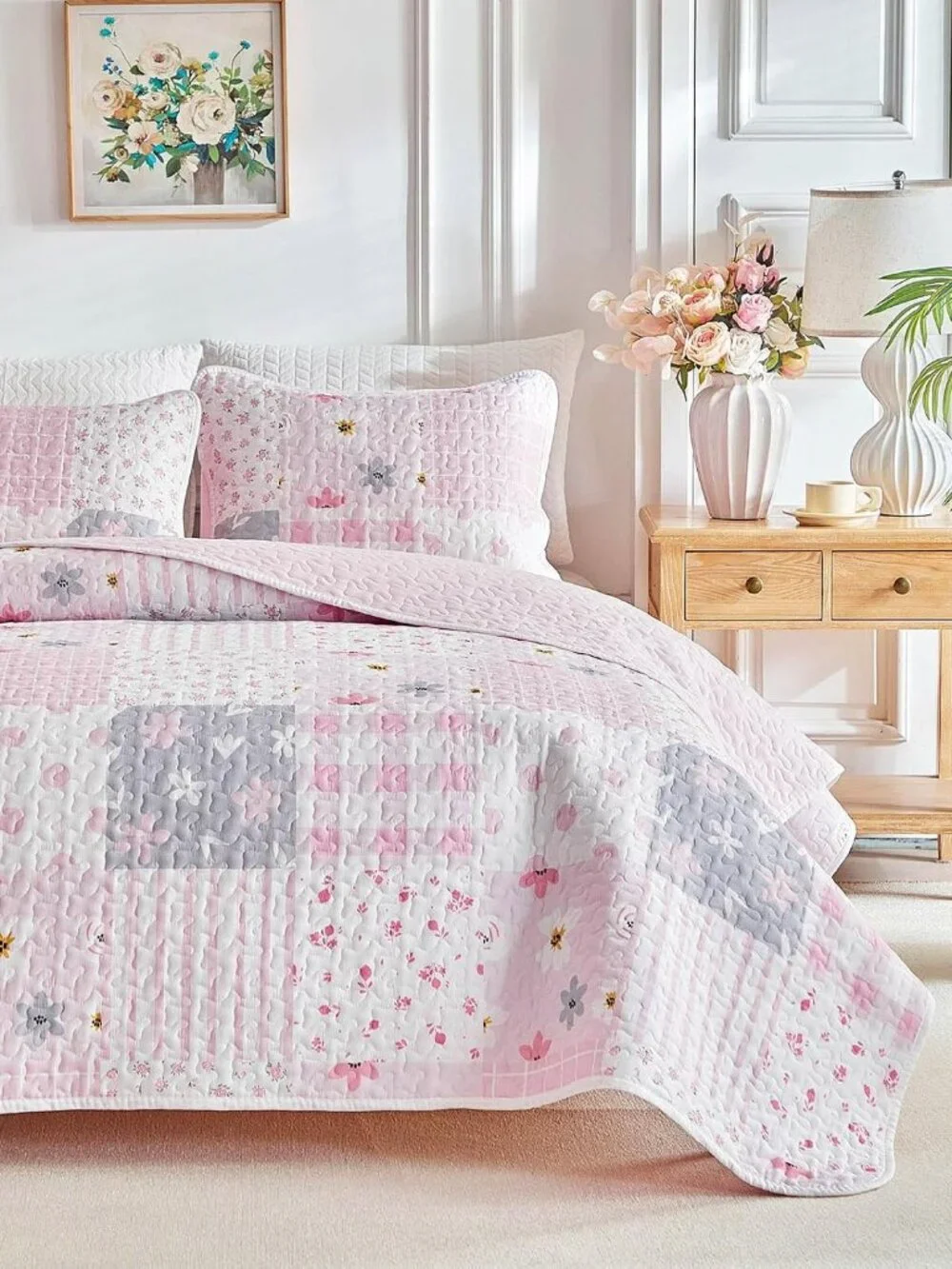 Floral Patchwork Quilt Set Twin Size, 2 Pieces Pink Flower Plaid Bedspread Cover
